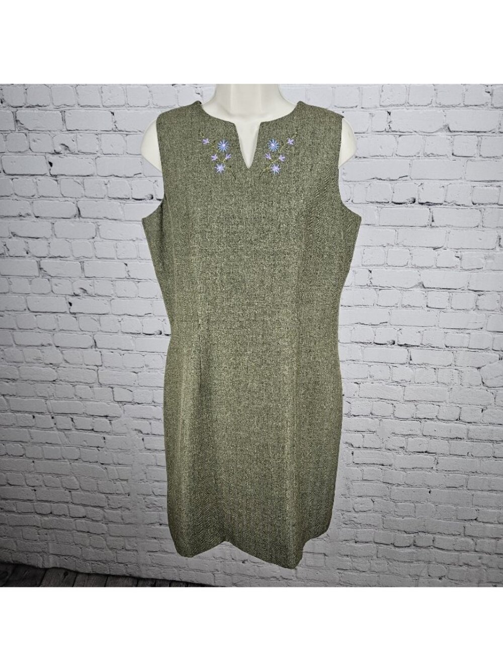 VTG Villager Liz Claiborne Green Herringbone Floral Sheath Lined Midi Dress 12P